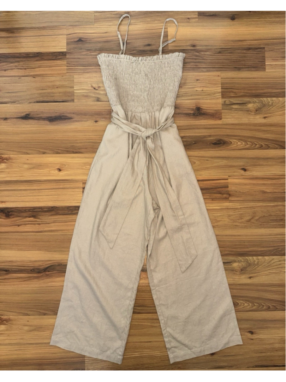 House Of Harlow Linen Jumpsuit Smocked Wide Leg Boho Coastal Neutral Small
